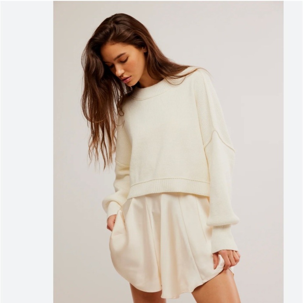 Free People Easy Street Cropped Pullover Sweater Cream Beige Ribbed Knit XS